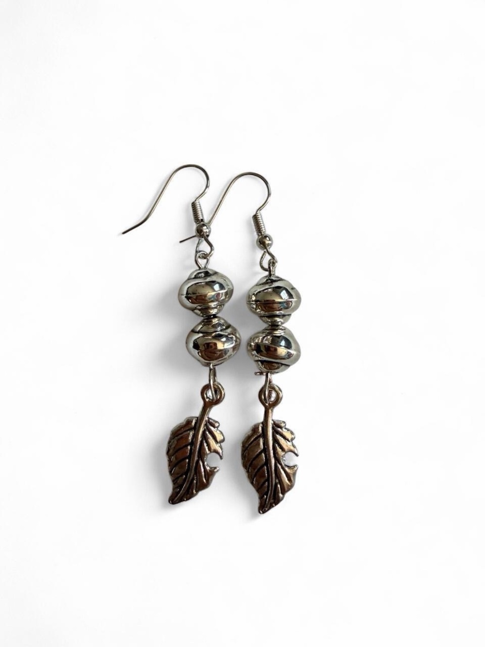 Handmade Silver Metallic Saucer & Leaf Charm Dangle Earrings Boho Whimsigoth